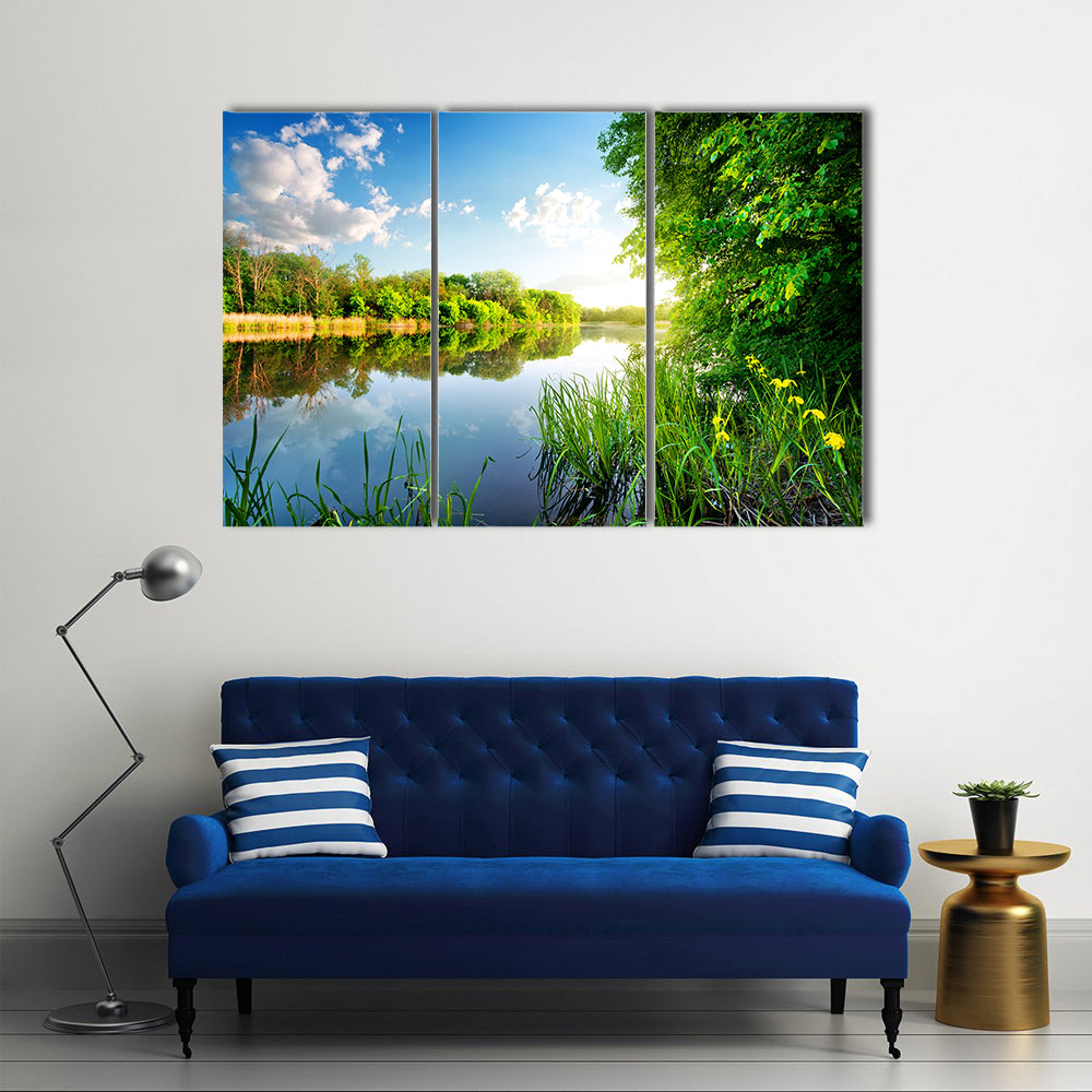 Trees by calm river in the morning multi panel canvas wall art