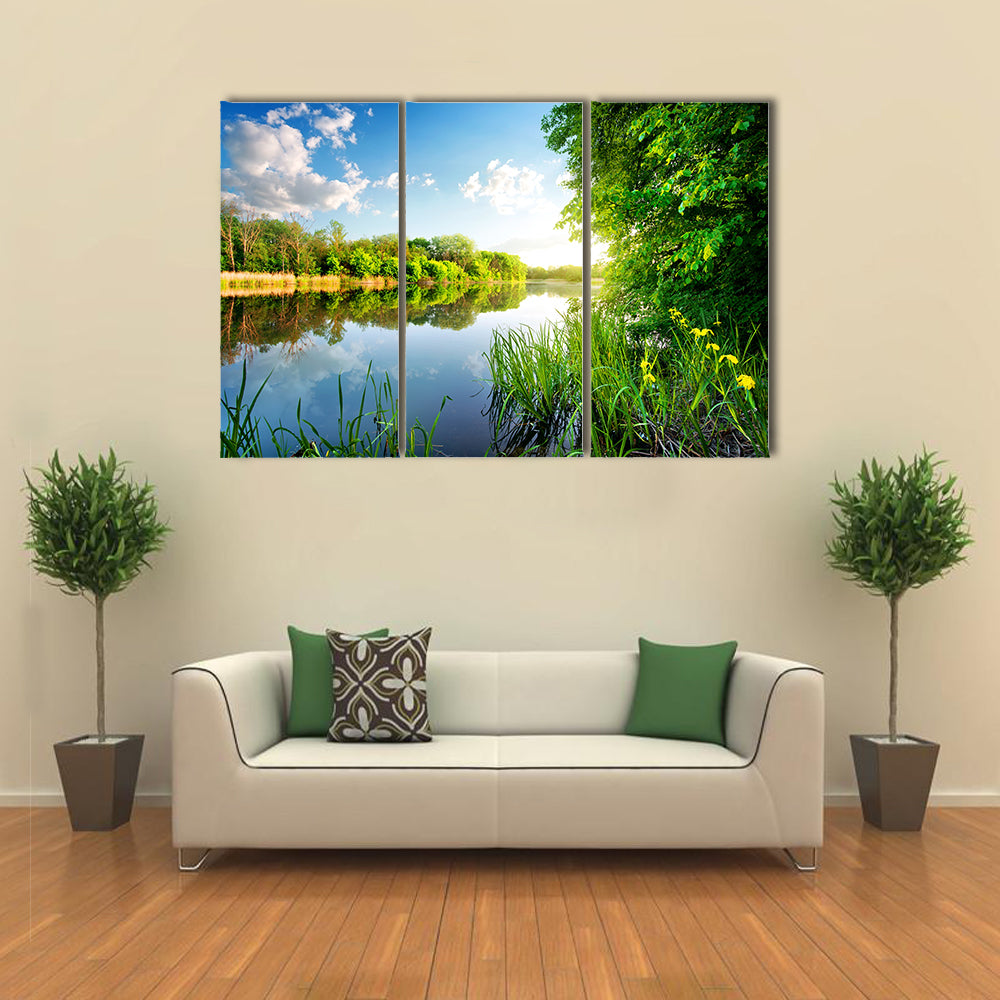 Trees by calm river in the morning multi panel canvas wall art