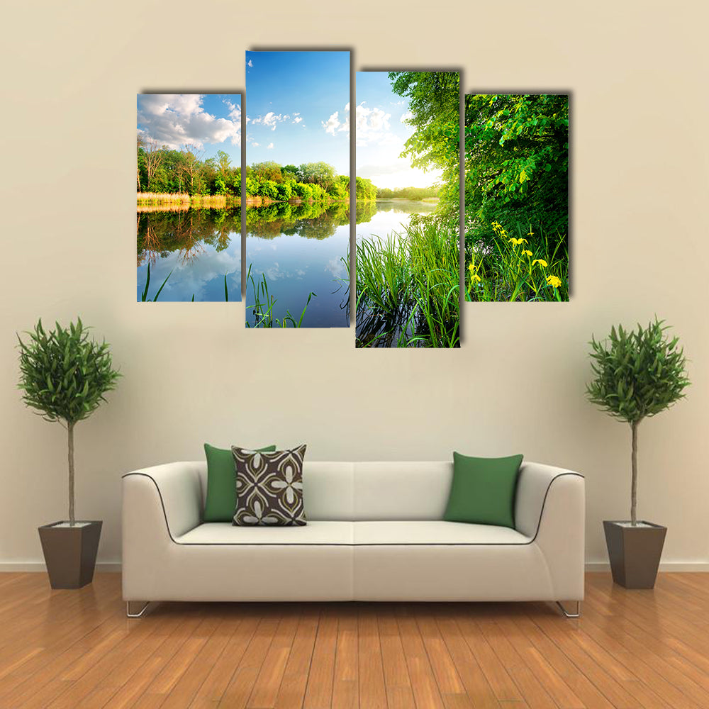 Trees by calm river in the morning multi panel canvas wall art