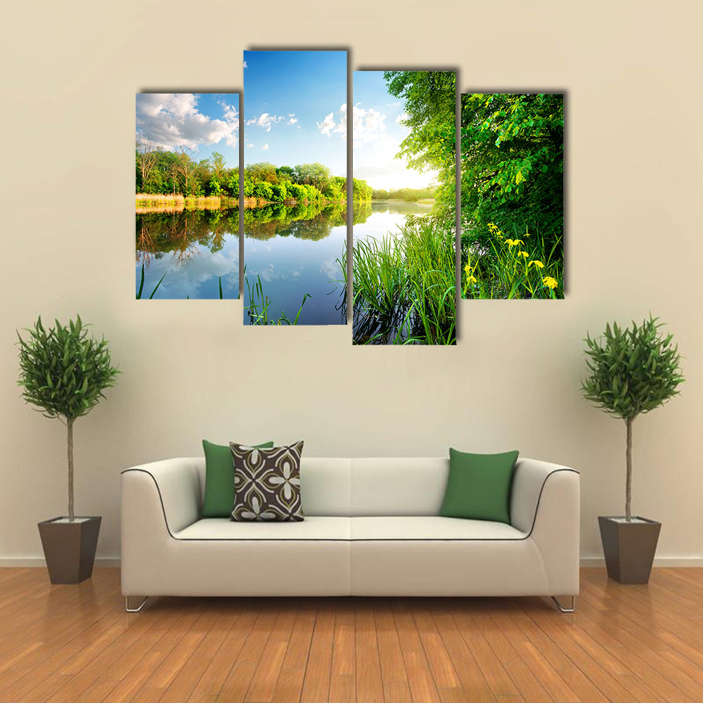 Trees by calm river in the morning multi panel canvas wall art