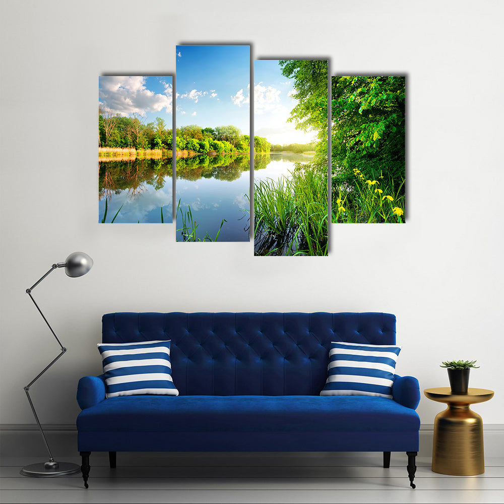 Trees by calm river in the morning multi panel canvas wall art