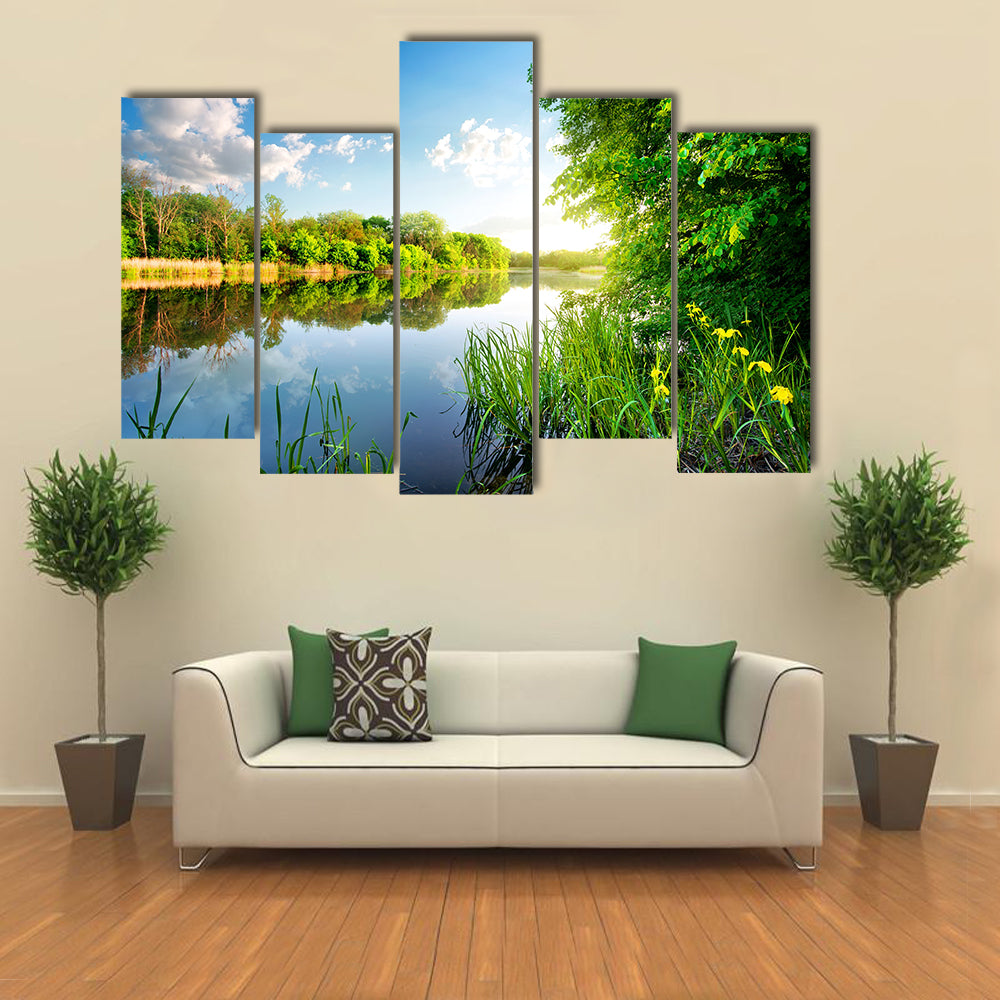 Trees by calm river in the morning multi panel canvas wall art