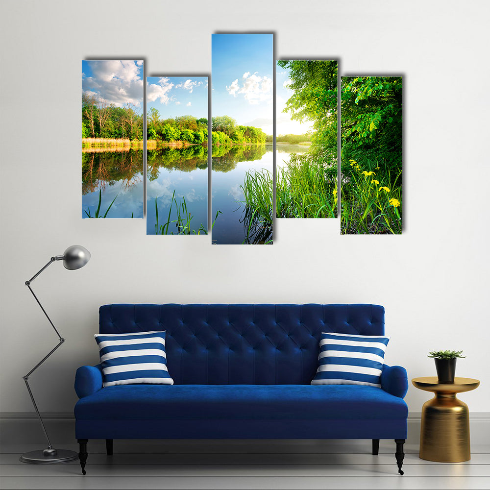 Trees by calm river in the morning multi panel canvas wall art