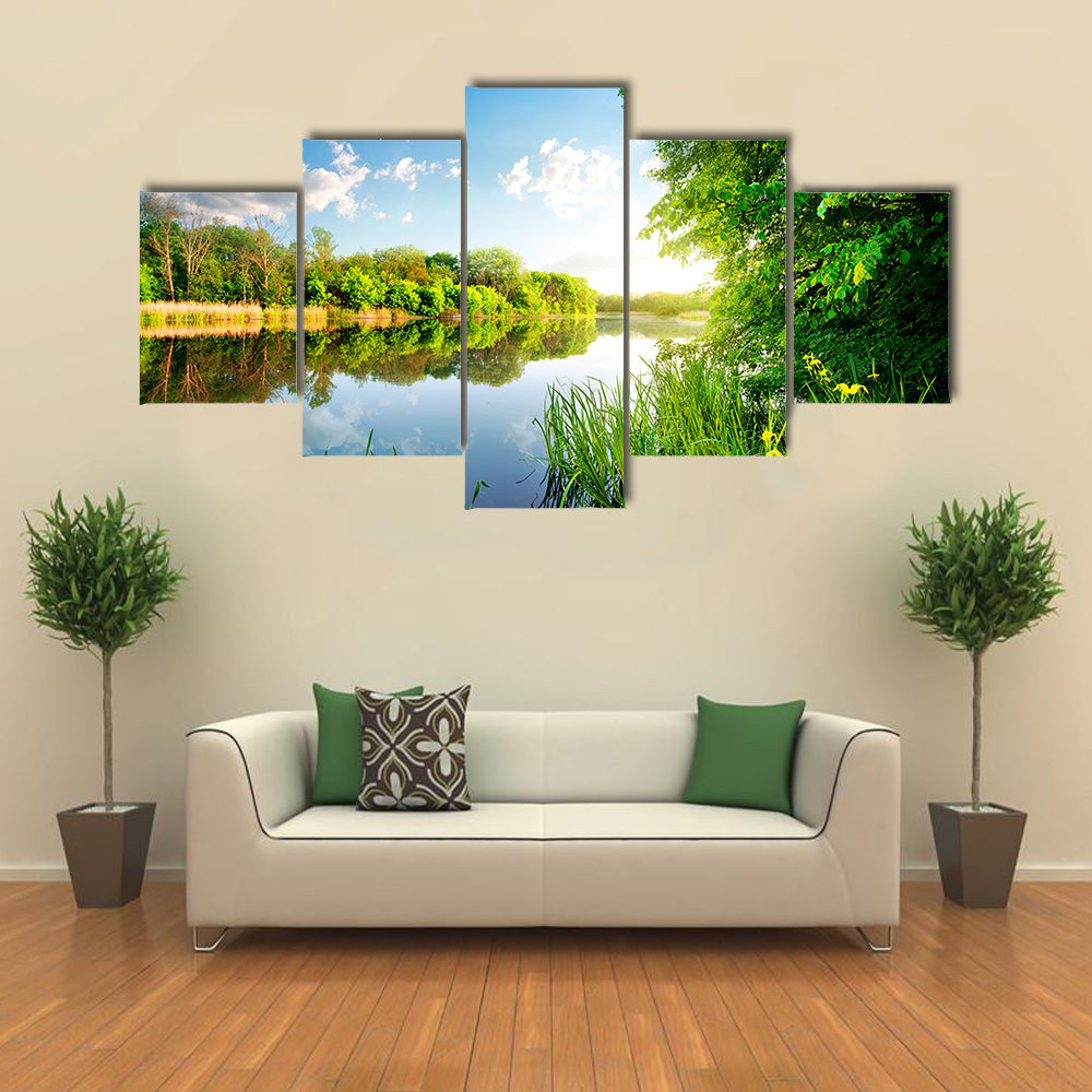 Trees by calm river in the morning multi panel canvas wall art