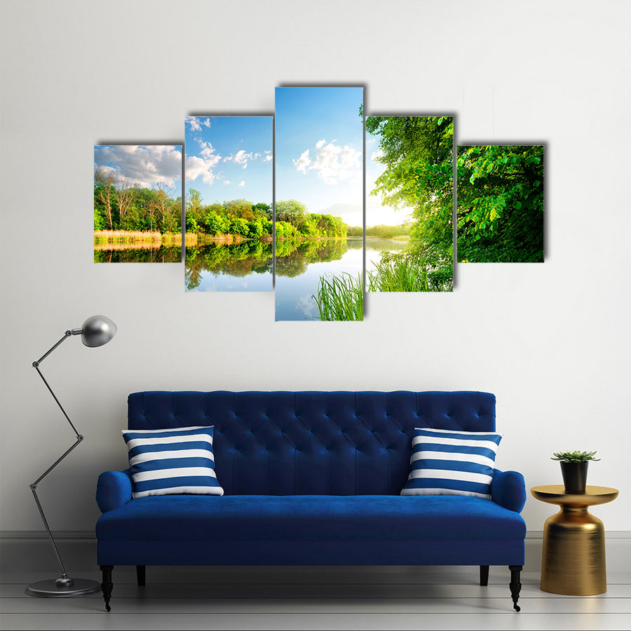Trees by calm river in the morning multi panel canvas wall art