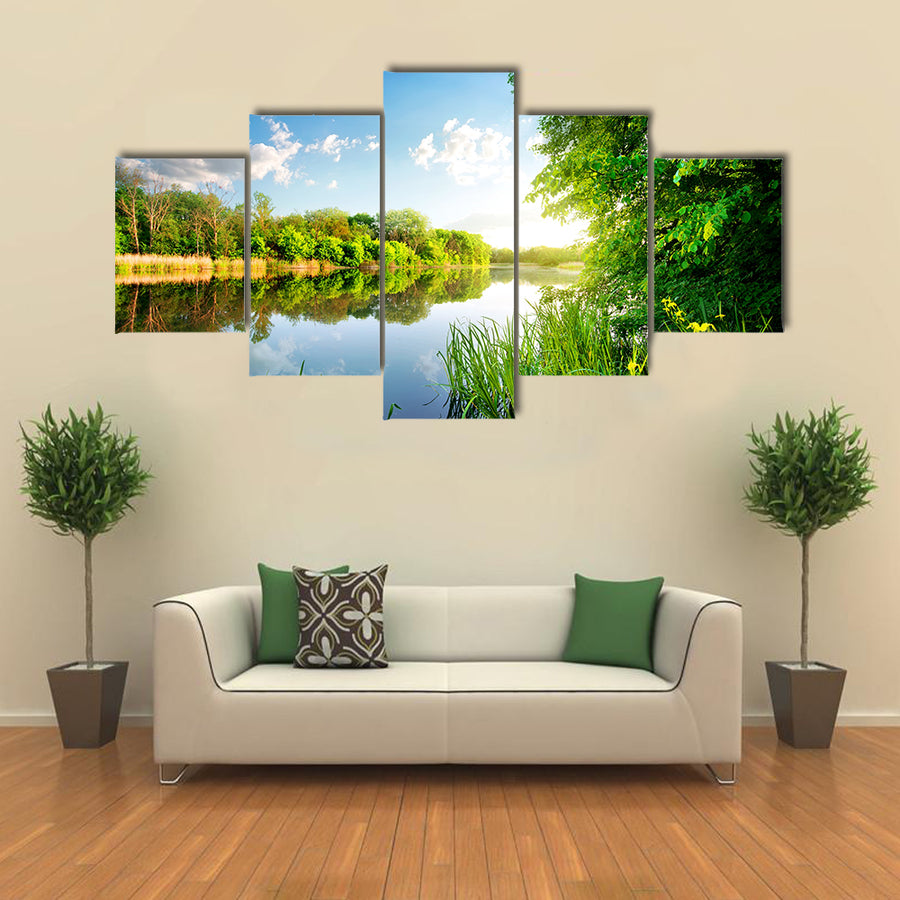 Trees by calm river in the morning multi panel canvas wall art