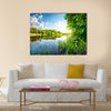 Trees by calm river in the morning Multi Panel Canvas Wall Art