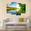 Trees by calm river in the morning Multi Panel Canvas Wall Art