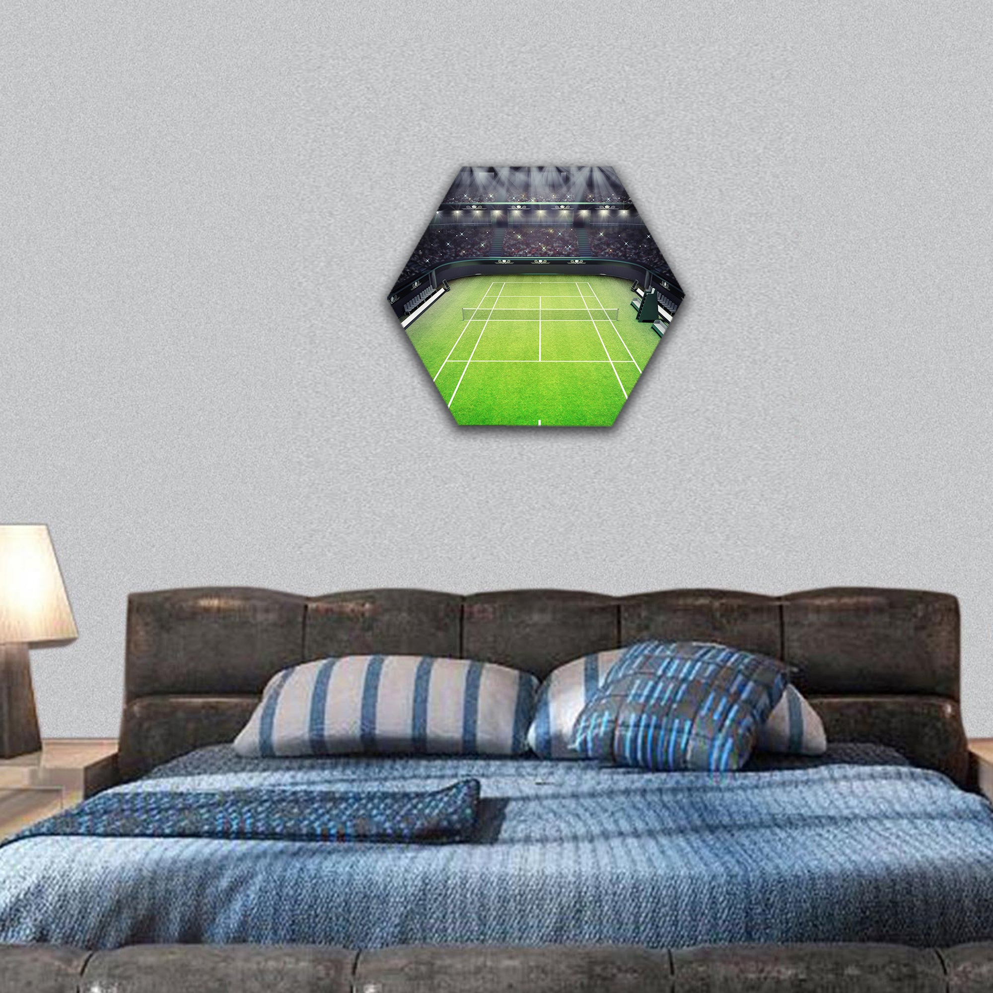 Grass tennis court and stadium  hexagonal canvas wall art