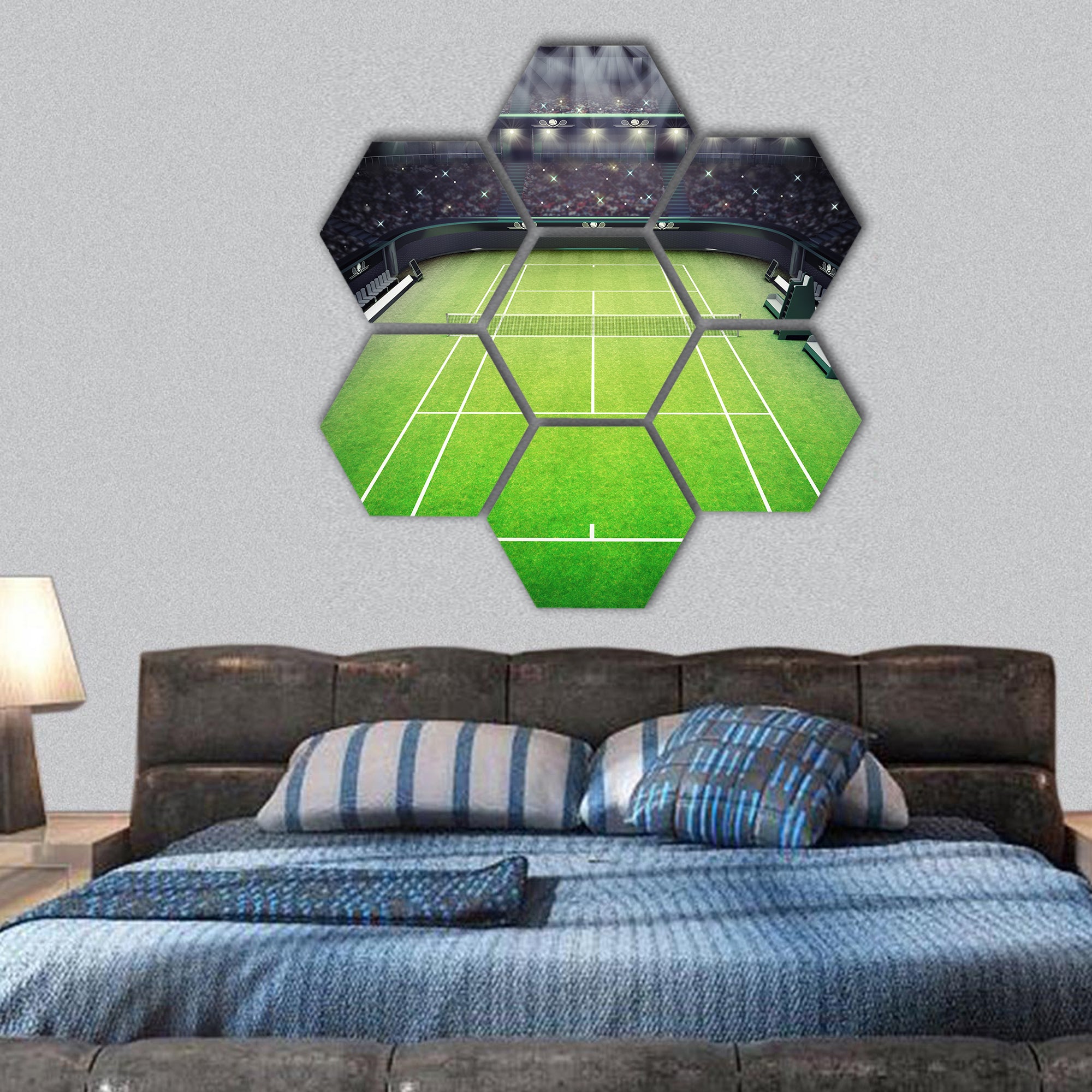 Grass tennis court and stadium  hexagonal canvas wall art