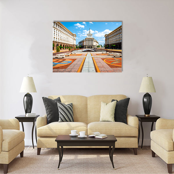 An architectural ensemble of three Socialist Classicism edifices Multi panel canvas wall art