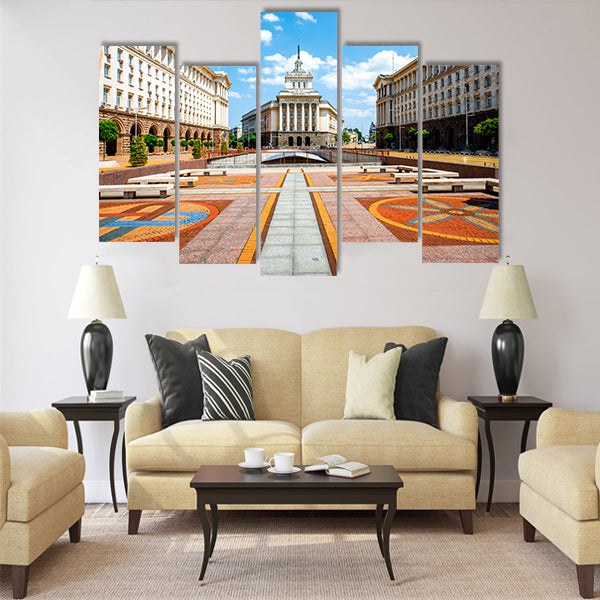 An architectural ensemble of three Socialist Classicism edifices Multi panel canvas wall art