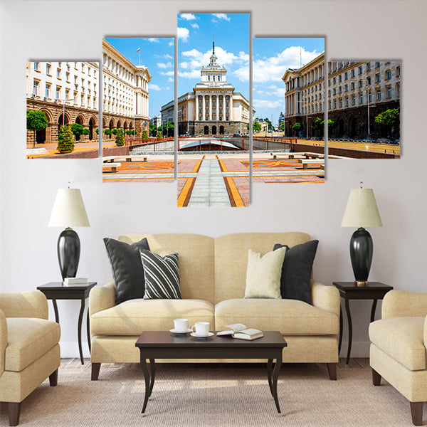 An architectural ensemble of three Socialist Classicism edifices Multi panel canvas wall art