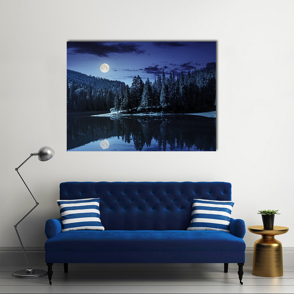 lake near the pine forest in mountains at night in full moon light multi panel canvas wall art