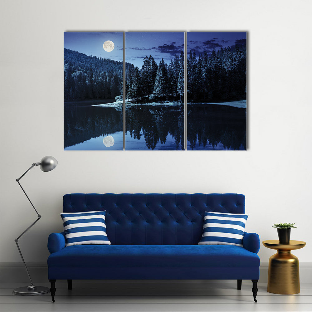 lake near the pine forest in mountains at night in full moon light multi panel canvas wall art