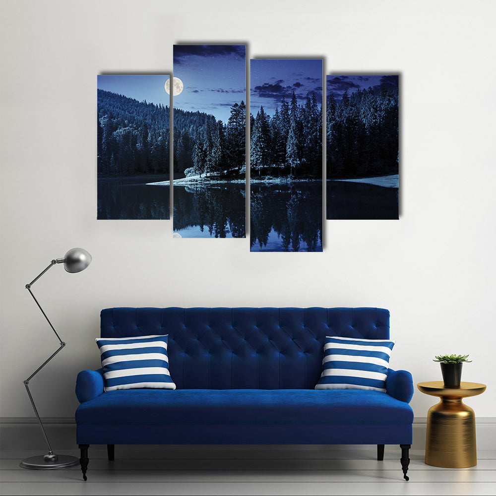 lake near the pine forest in mountains at night in full moon light multi panel canvas wall art