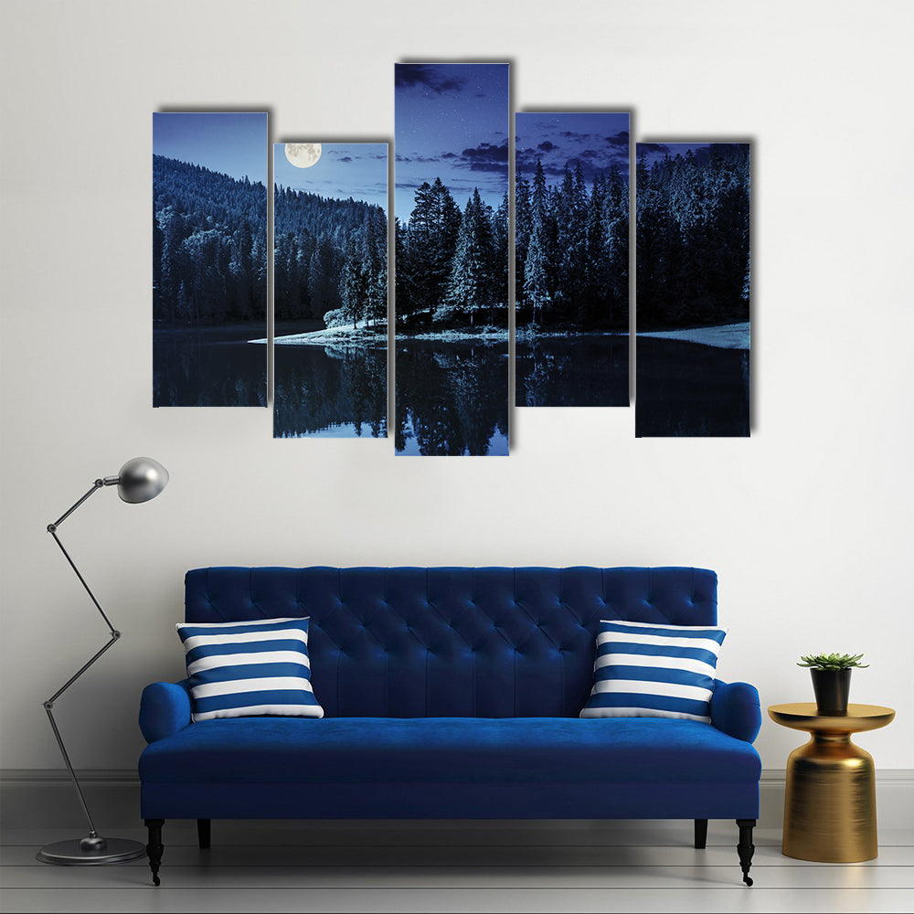 lake near the pine forest in mountains at night in full moon light multi panel canvas wall art