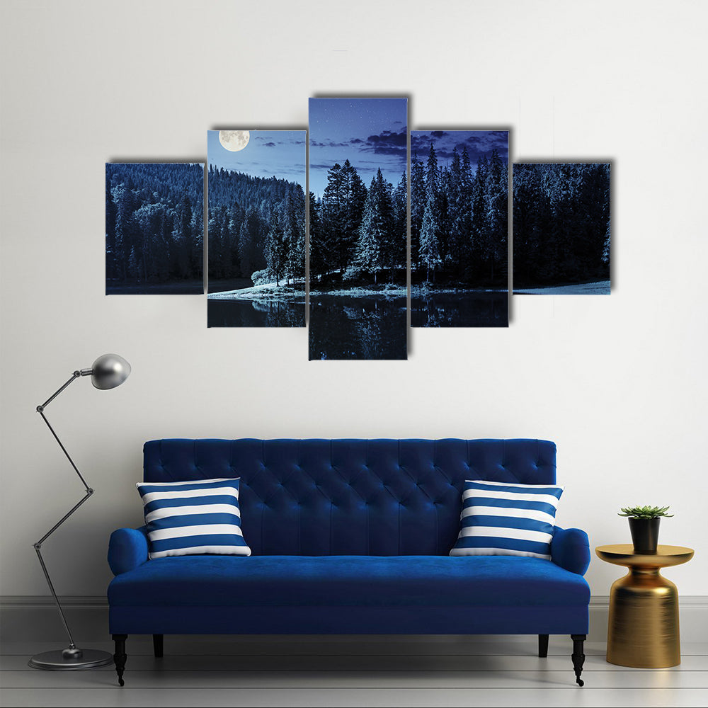 lake near the pine forest in mountains at night in full moon light multi panel canvas wall art