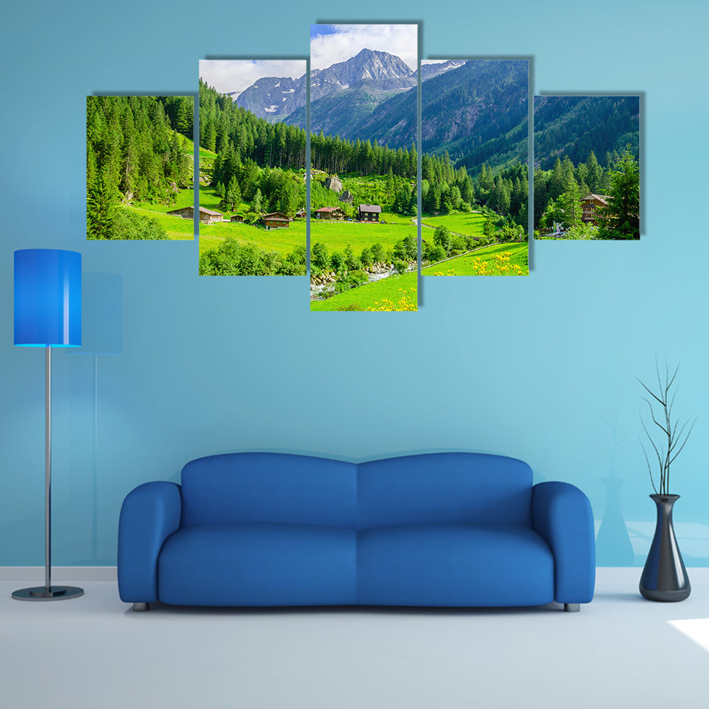 Beautiful alpine landscape with green meadows, Zillertal Alps, Austria multi panel canvas wall art