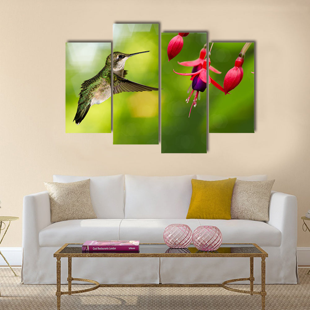 Hummingbird (archilochus colubris) in flight with tropical flower Multi panel canvas wall art