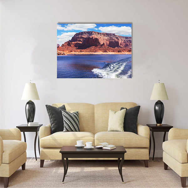 Foamy trace of motorboat crosses the emerald waters multi panel canvas wall art