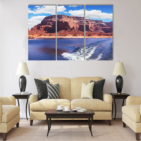Foamy trace of motorboat crosses the emerald waters multi panel canvas wall art