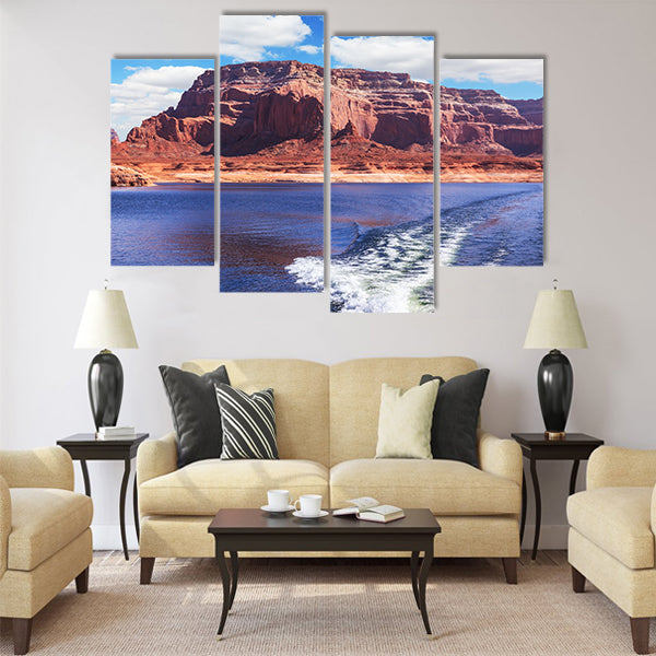 Foamy trace of motorboat crosses the emerald waters multi panel canvas wall art