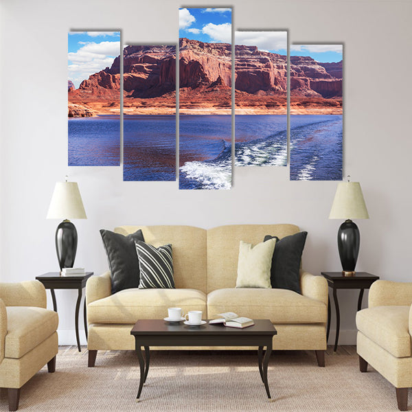 Foamy trace of motorboat crosses the emerald waters multi panel canvas wall art