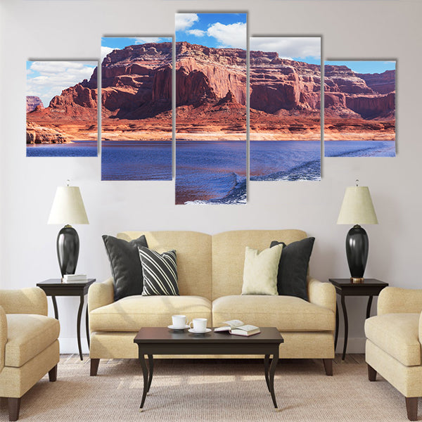 Foamy trace of motorboat crosses the emerald waters multi panel canvas wall art