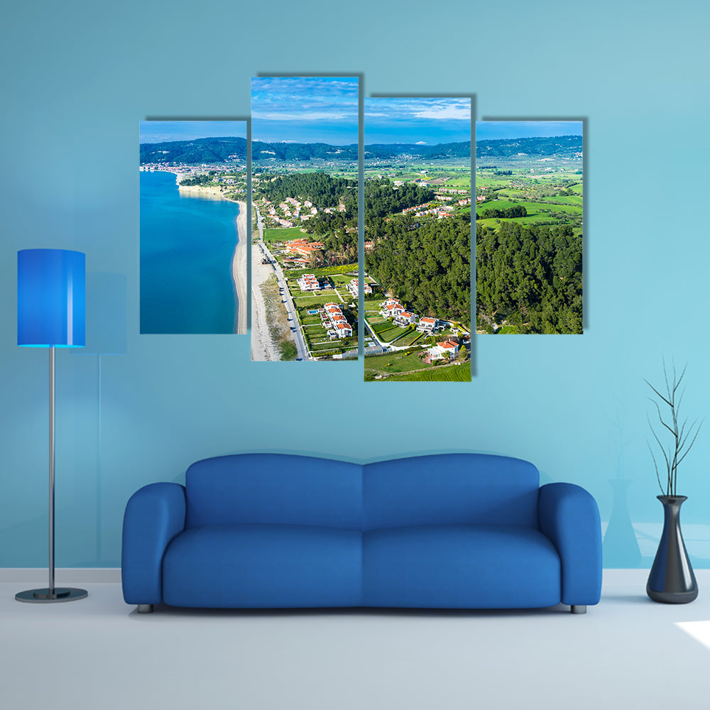 Aerial view of Aigeopelagitika beach in Halkidiki, Greece multi panel canvas wall art