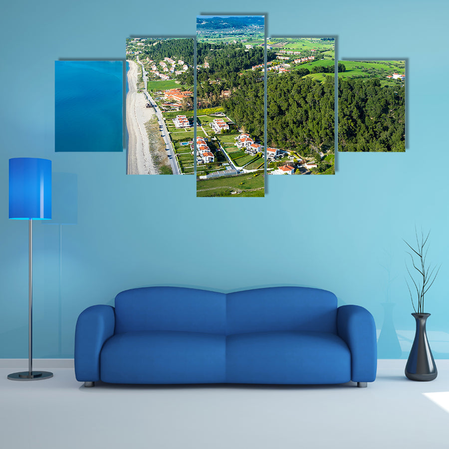 Aerial view of Aigeopelagitika beach in Halkidiki, Greece multi panel canvas wall art