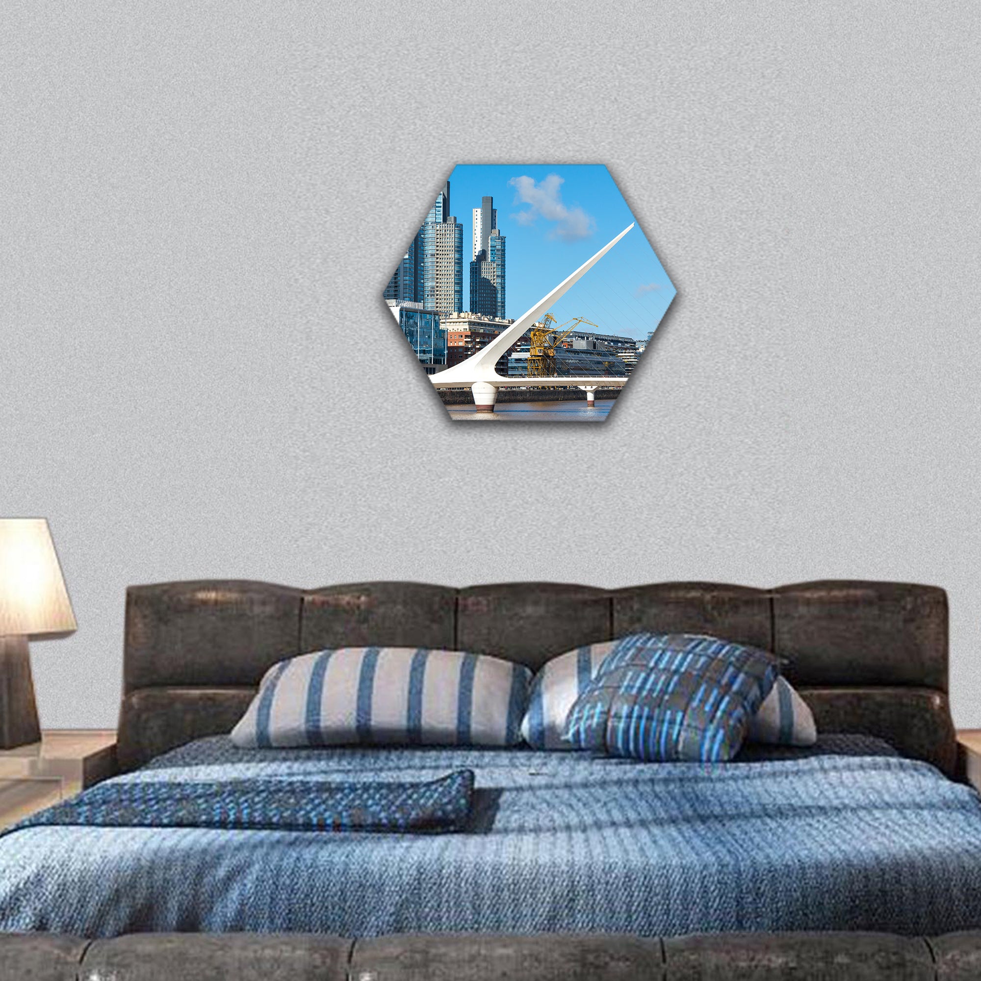 Harbor Puerto Madero Buenos Argentine skyline and ships hexagonal canvas wall art