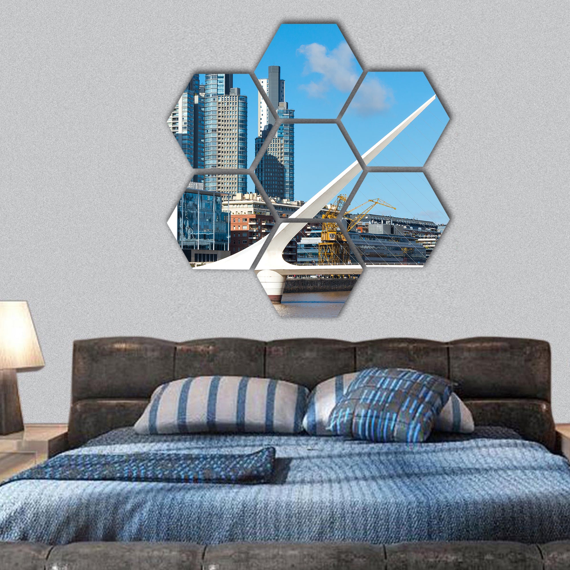 Harbor Puerto Madero Buenos Argentine skyline and ships hexagonal canvas wall art