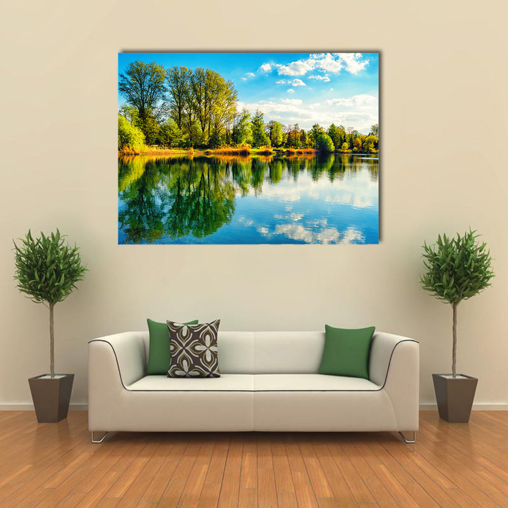 Tranquil landscape at a lake, with the vibrant sky multi panel canvas wall art