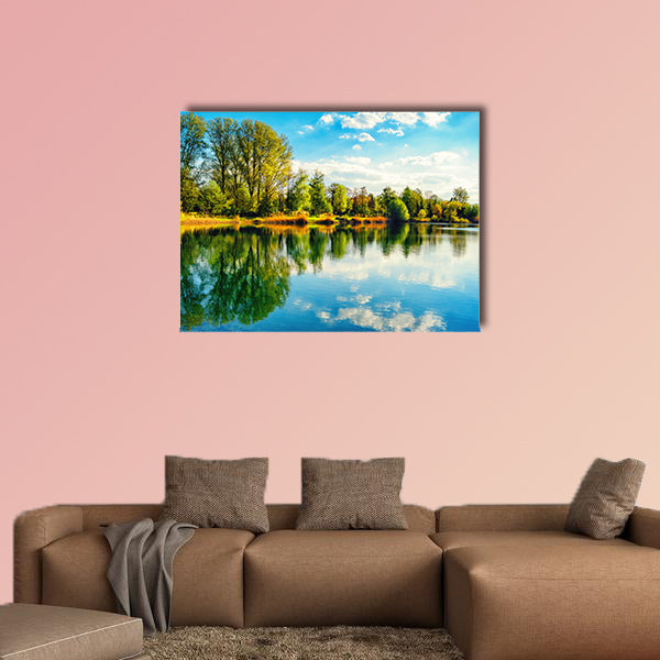 Tranquil landscape at a lake, with the vibrant sky multi panel canvas wall art