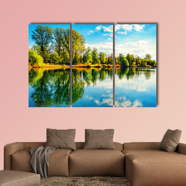 Tranquil landscape at a lake, with the vibrant sky multi panel canvas wall art