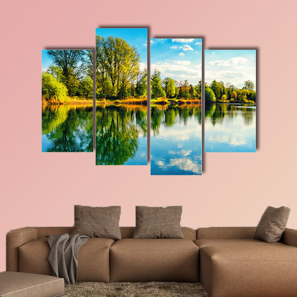 Tranquil landscape at a lake, with the vibrant sky multi panel canvas wall art