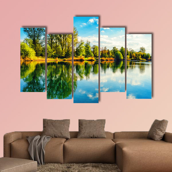 Tranquil landscape at a lake, with the vibrant sky multi panel canvas wall art