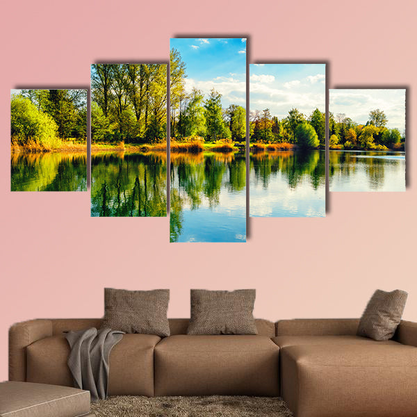 Tranquil landscape at a lake, with the vibrant sky multi panel canvas wall art