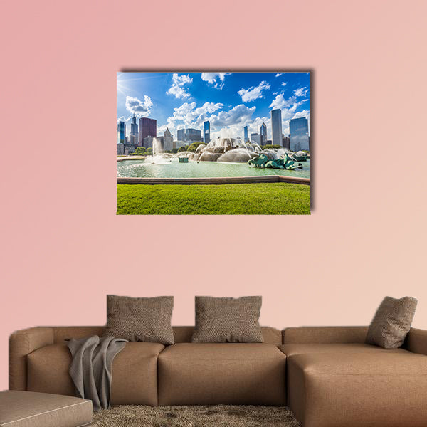 Buckingham fountain and Chicago downtown skyline multi panel canvas wall art