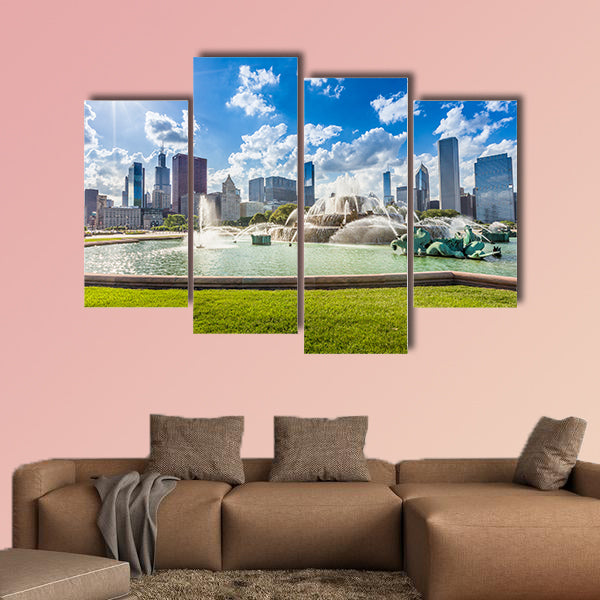 Buckingham fountain and Chicago downtown skyline multi panel canvas wall art