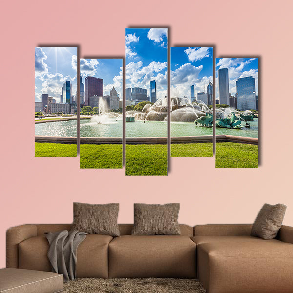 Buckingham fountain and Chicago downtown skyline multi panel canvas wall art