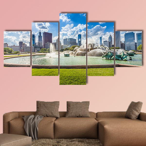 Buckingham fountain and Chicago downtown skyline multi panel canvas wall art