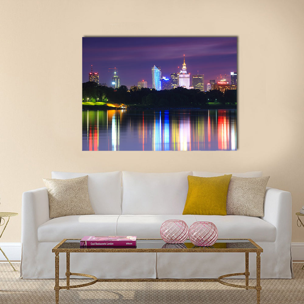 Warsaw night view of the city from the river Multi panel canvas wall art