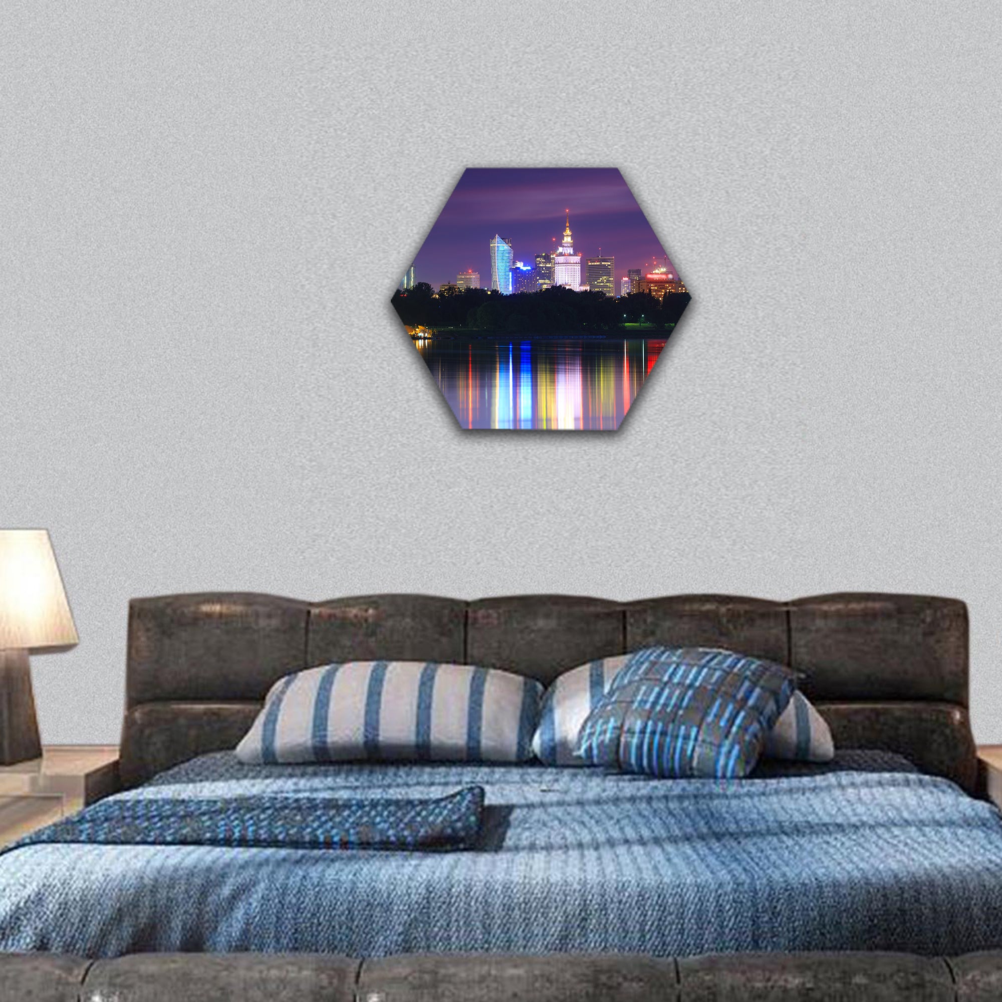 Warsaw night view of the city from the river hexagonal canvas wall art