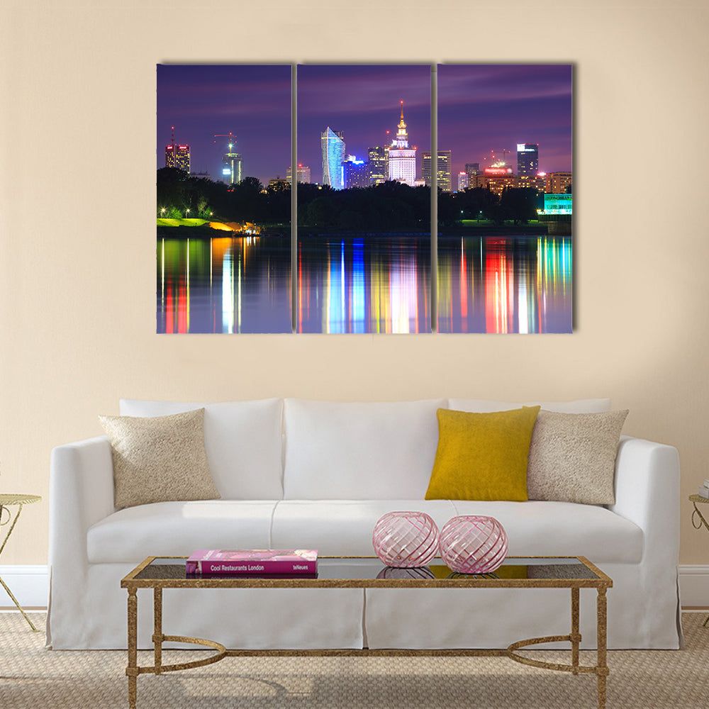 Warsaw night view of the city from the river Multi panel canvas wall art