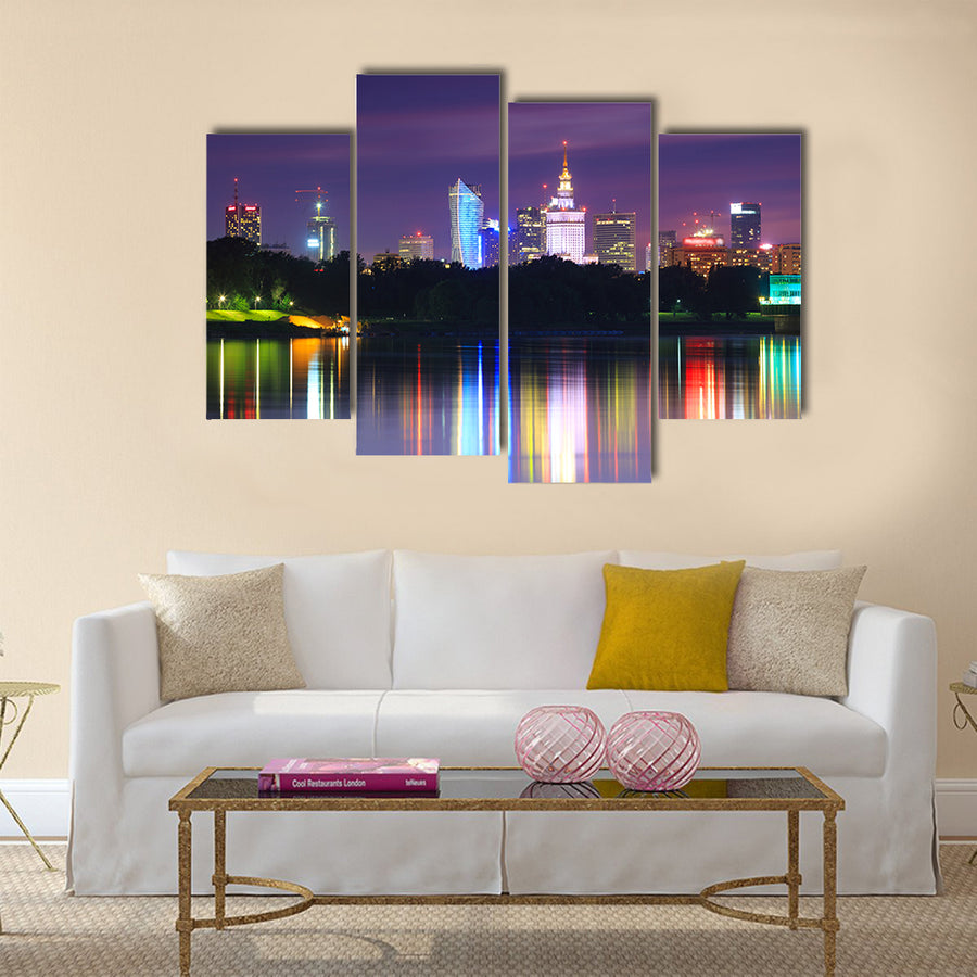 Warsaw night view of the city from the river Multi panel canvas wall art