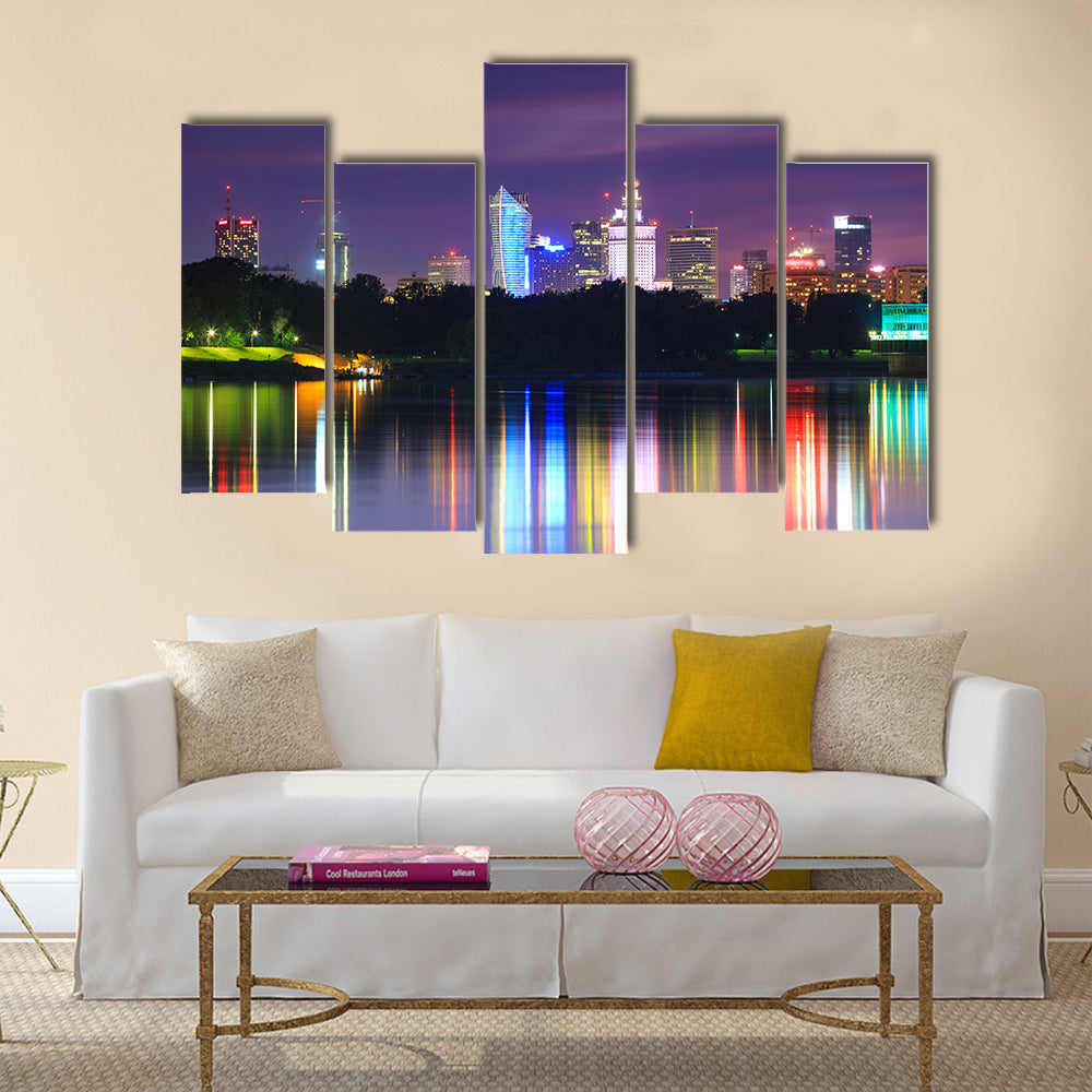 Warsaw night view of the city from the river Multi panel canvas wall art