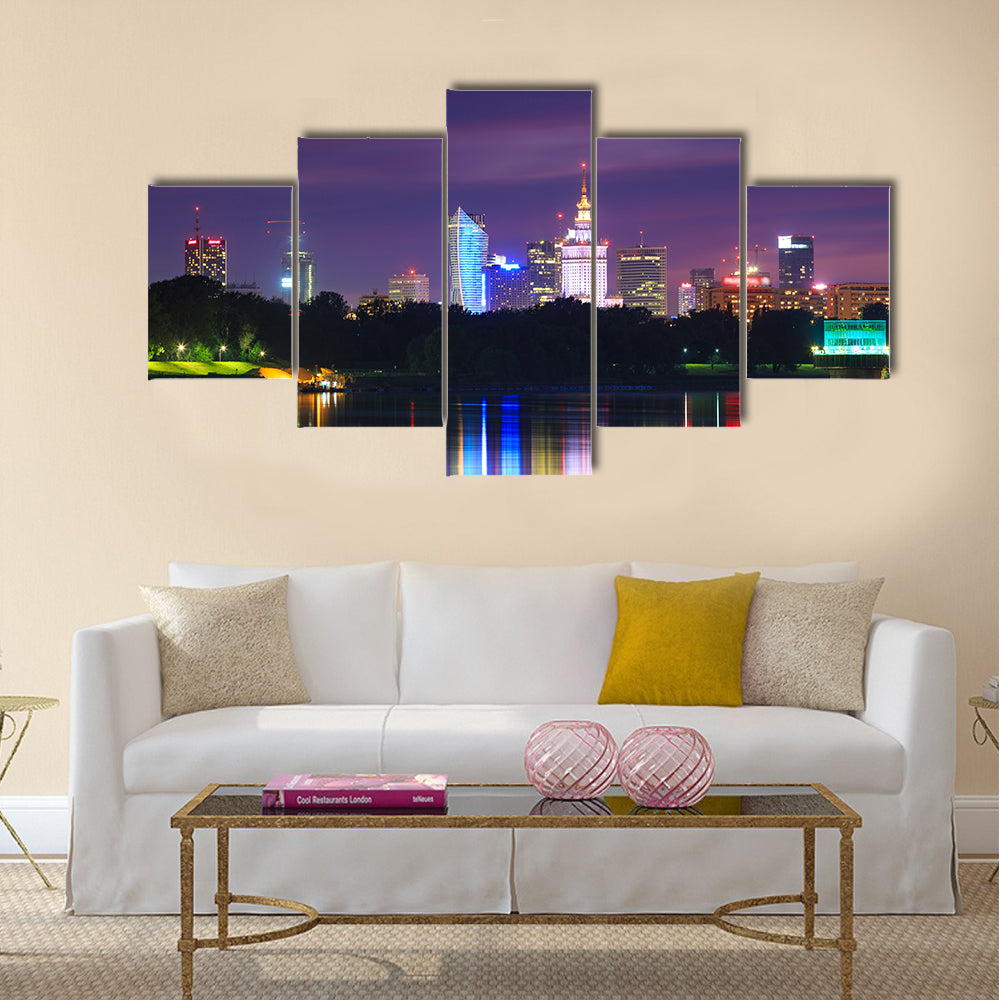 Warsaw night view of the city from the river Multi panel canvas wall art