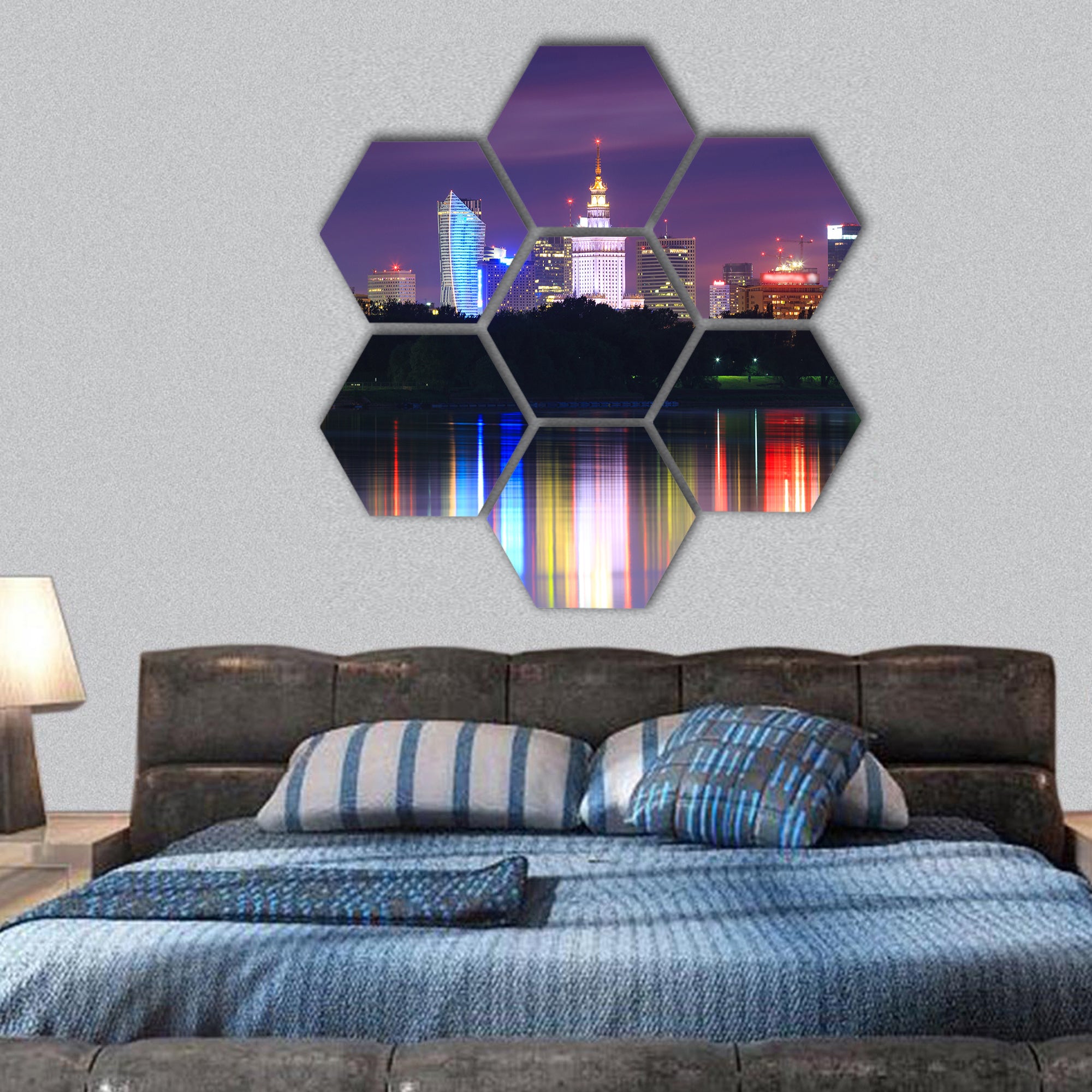 Warsaw night view of the city from the river hexagonal canvas wall art